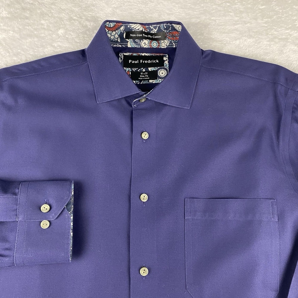 Paul Fredrick Dress Shirt Mens 15-31 Navy w/Floral Trim Slim Fit No Iron